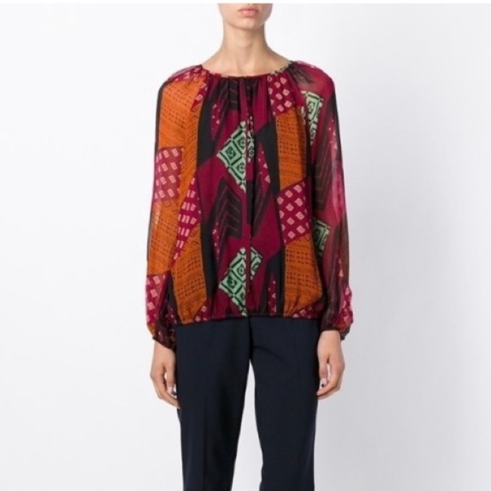 Diane Von Furstenberg DVF Silk Long Sleeve Top Hathaway Ethnic Collage